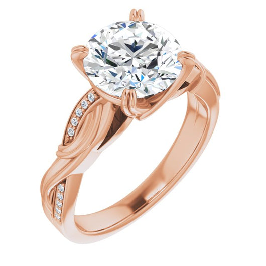 10K Rose Gold Customizable Cathedral-raised Round Cut Design featuring Rope-Braided Half-Pavé Band