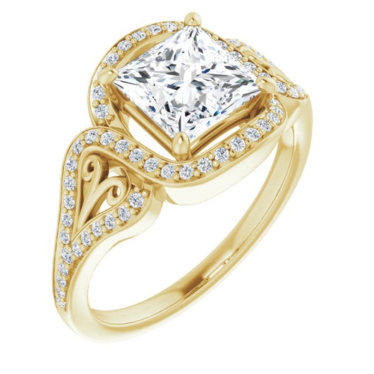 10K Yellow Gold Customizable Princess/Square Cut Design with Bypass Halo and Split-Shared Prong Band