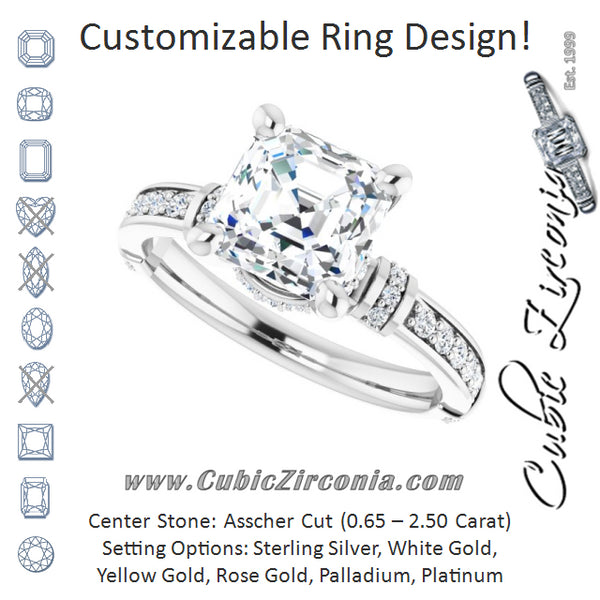 Cubic Zirconia Engagement Ring- The Ambrosia (Customizable Asscher Cut Style featuring Under-Halo, Shared Prong and Quad Horizontal Band Accents)