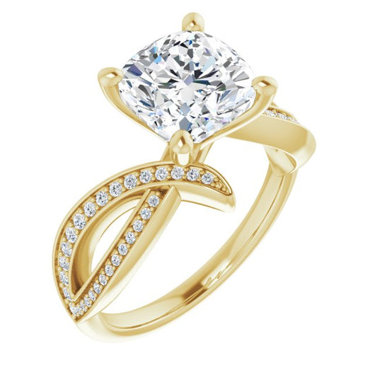 10K Yellow Gold Customizable Cushion Cut Design with Swooping Pavé Bypass Band