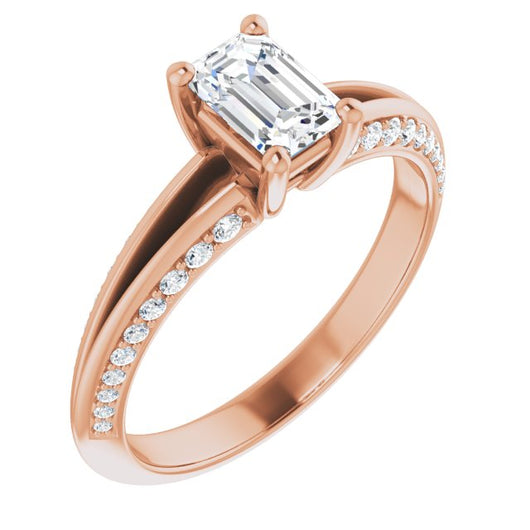 10K Rose Gold Customizable Emerald/Radiant Cut Center with 4-sided-Accents Knife-Edged Split-Band