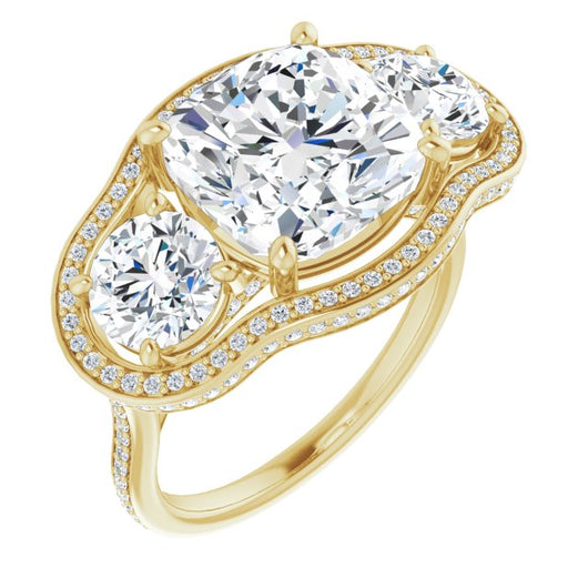 10K Yellow Gold Customizable 3-stone Cushion Cut Design with Multi-Halo Enhancement and 150+-stone Pavé Band