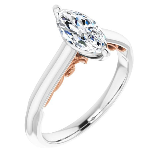 14K White & Rose Gold Customizable Marquise Cut Cathedral Solitaire with Two-Tone Option Decorative Trellis 'Down Under'