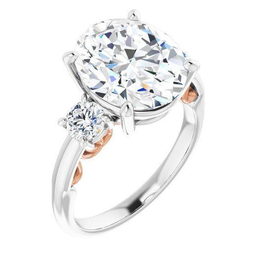 14K White & Rose Gold Customizable Oval Cut 3-stone Style featuring Heart-Motif Band Enhancement