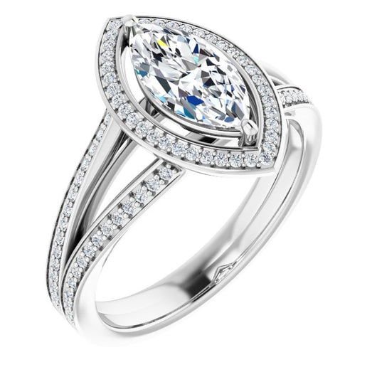 10K White Gold Customizable Marquise Cut Design with Split-Band Shared Prong & Halo