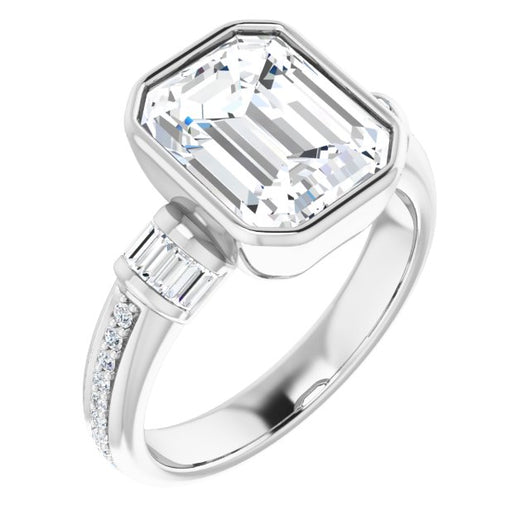 10K White Gold Customizable Cathedral-Bezel Emerald/Radiant Cut Style with Horizontal Baguettes & Shared Prong Band