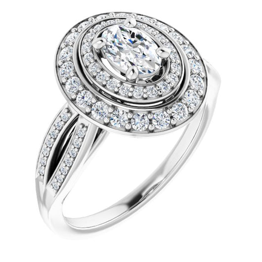 10K White Gold Customizable Cathedral-style Oval Cut Design with Double Halo & Split-Pavé Band