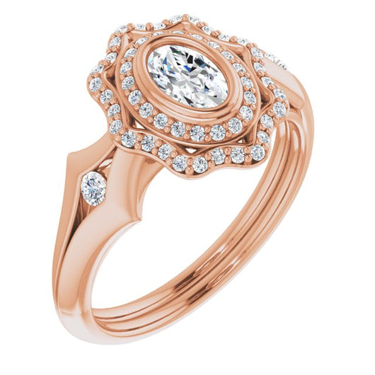 10K Rose Gold Customizable Cathedral-bezel Oval Cut Design with Floral Double Halo and Channel-Accented Split Band