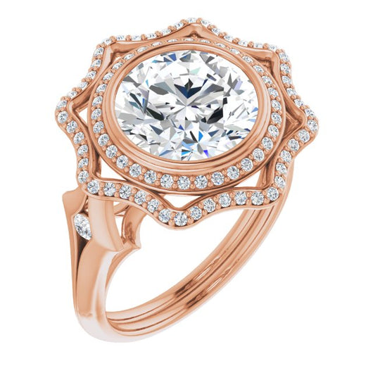 10K Rose Gold Customizable Cathedral-bezel Round Cut Design with Floral Double Halo and Channel-Accented Split Band