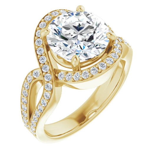 10K Yellow Gold Customizable Round Cut Center with Infinity-inspired Split Shared Prong Band and Bypass Halo