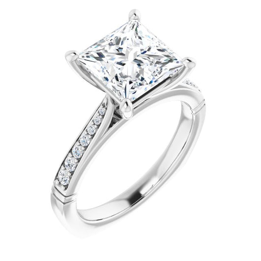 10K White Gold Customizable Princess/Square Cut Design with Tapered Euro Shank and Graduated Band Accents