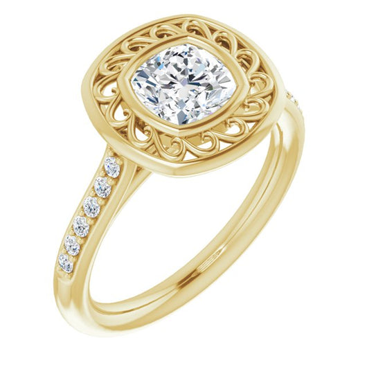 10K Yellow Gold Customizable Cathedral-Bezel Cushion Cut Design with Floral Filigree and Thin Shared Prong Band