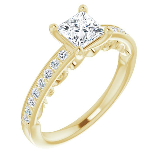 10K Yellow Gold Customizable Princess/Square Cut Design featuring 3-Sided Infinity Trellis and Round-Channel Accented Band