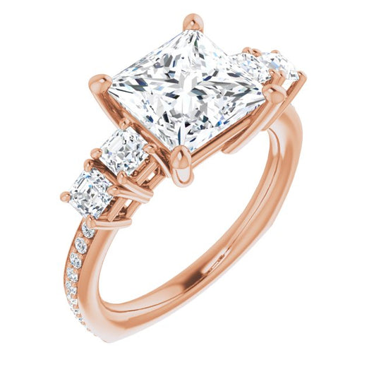 10K Rose Gold Customizable Princess/Square Cut 5-stone Style with Quad Princess/Square Accents plus Shared Prong Band