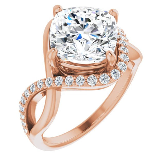 10K Rose Gold Customizable Cushion Cut Design with Semi-Accented Twisting Infinity Bypass Split Band and Half-Halo