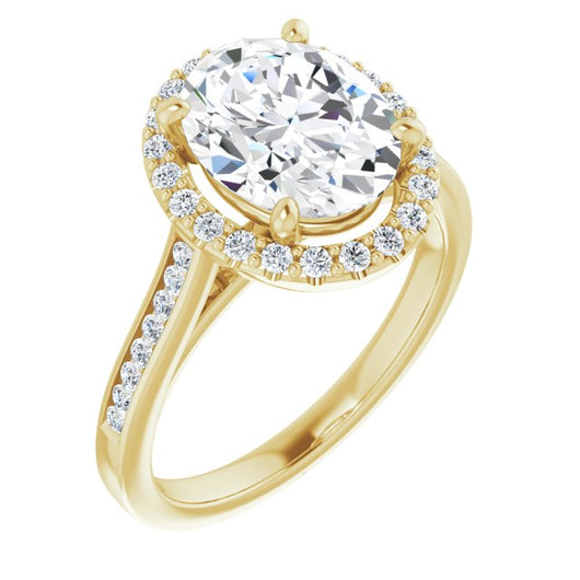 10K Yellow Gold Customizable Oval Cut Design with Halo, Round Channel Band and Floating Peekaboo Accents