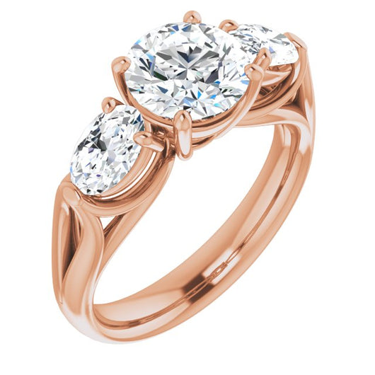 10K Rose Gold Customizable Cathedral-set 3-stone Round Cut Style with Dual Oval Cut Accents & Wide Split Band