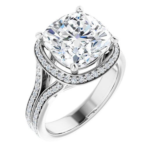 10K White Gold Customizable Cathedral-raised Cushion Cut Setting with Halo and Shared Prong Band