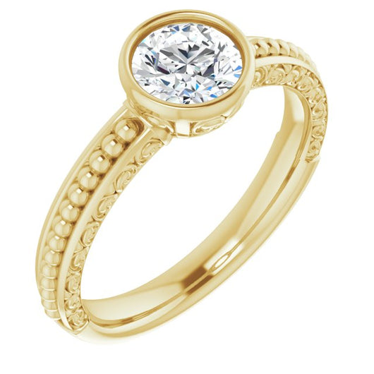 10K Yellow Gold Customizable Bezel-set Round Cut Solitaire with Beaded and Carved Three-sided Band