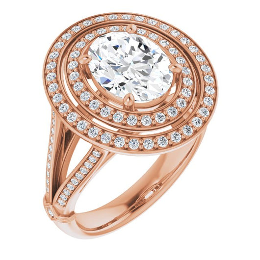 10K Rose Gold Customizable Cathedral-set Oval Cut Design with Double Halo, Wide Split-Shared Prong Band and Side Knuckle Accents