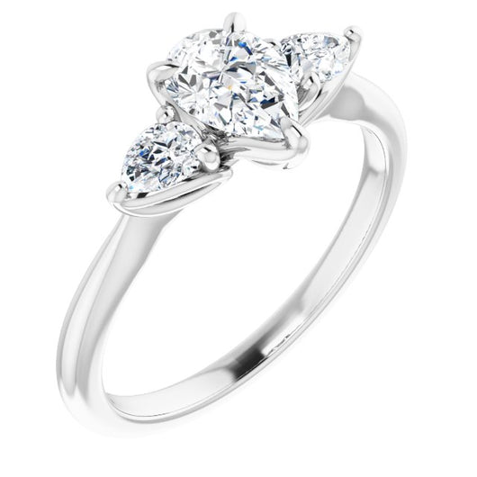 10K White Gold Customizable 3-stone Design with Pear Cut Center and Dual Large Pear Side Stones