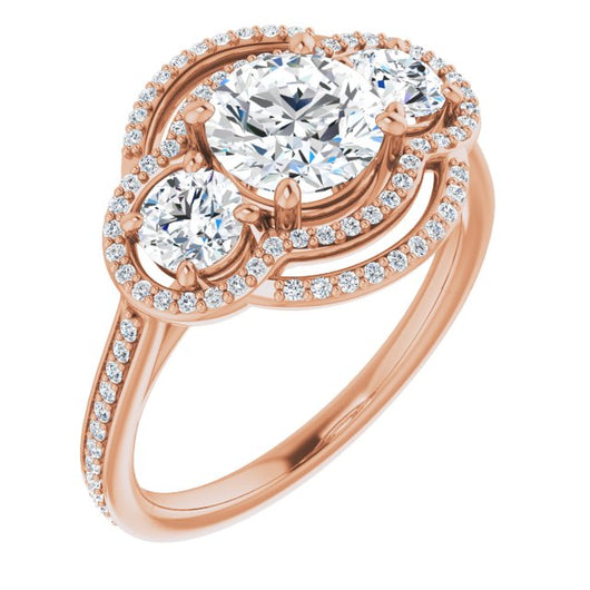 10K Rose Gold Customizable Enhanced 3-stone Double-Halo Style with Round Cut Center and Thin Band