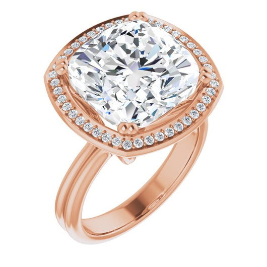 10K Rose Gold Customizable Cushion Cut Style with Scooped Halo and Grooved Band