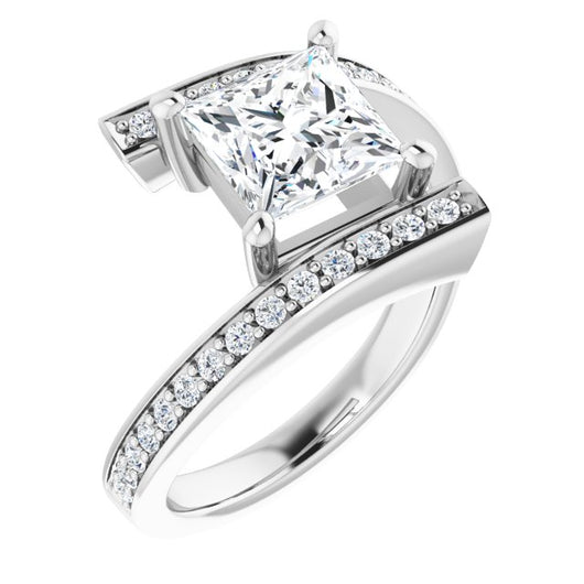 10K White Gold Customizable Faux-Bar-set Princess/Square Cut Design with Accented Bypass Band