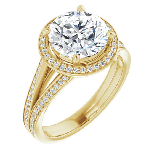 10K Yellow Gold Customizable Round Cut Design with Split-Band Shared Prong & Halo