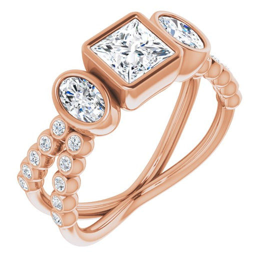 10K Rose Gold Customizable Bezel-set Princess/Square Cut Design with Dual Bezel-Oval Accents and Round-Bezel Accented Split Band