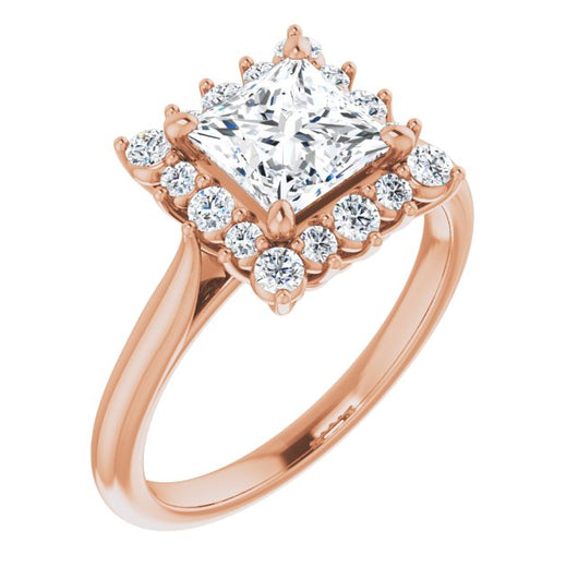 10K Rose Gold Customizable Crown-Cathedral Princess/Square Cut Design with Clustered Large-Accent Halo & Ultra-thin Band