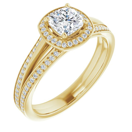 10K Yellow Gold Customizable Cushion Cut Design with Split-Band Shared Prong & Halo