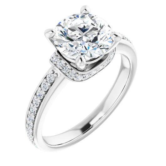 14K White Gold Customizable Round Cut Setting with Organic Under-halo & Shared Prong Band