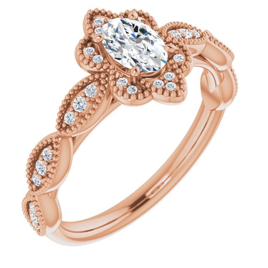 10K Rose Gold Customizable Cathedral-style Oval Cut Design with Floral Segmented Halo & Milgrain+Accents Band