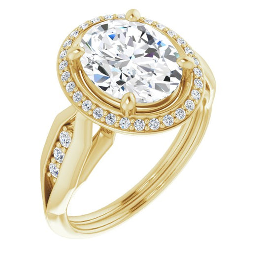 10K Yellow Gold Customizable Cathedral-raised Oval Cut Design with Halo and Tri-Cluster Band Accents