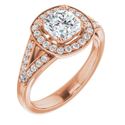 10K Rose Gold Customizable Cathedral-set Cushion Cut Style with Accented Split Band and Halo