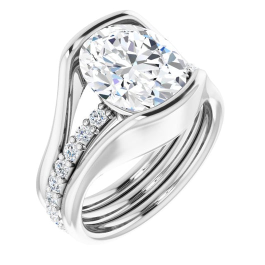 10K White Gold Customizable Bezel-set Oval Cut Style with Thick Pavé Band