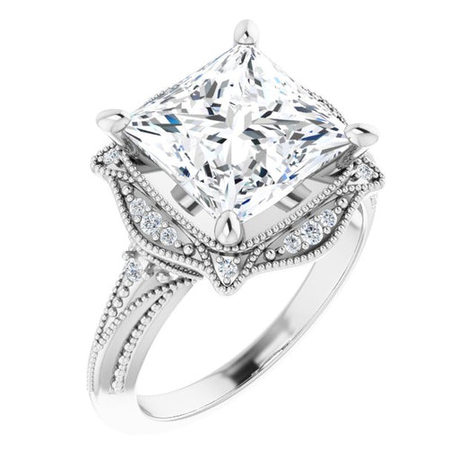 10K White Gold Customizable Vintage Princess/Square Cut Design with Beaded Milgrain and Starburst Semi-Halo