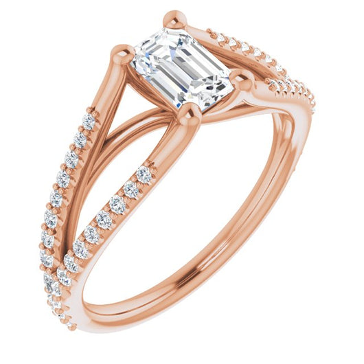 10K Rose Gold Customizable Cathedral-raised Emerald/Radiant Cut Center with Exquisite Accented Split-band