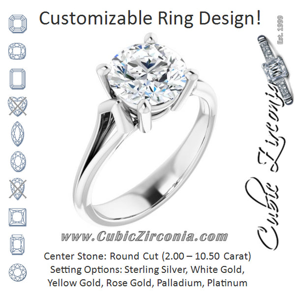 Cubic Zirconia Engagement Ring- The Frankie (Customizable Cathedral-Raised Round Cut Solitaire with Angular Chevron Split Band)