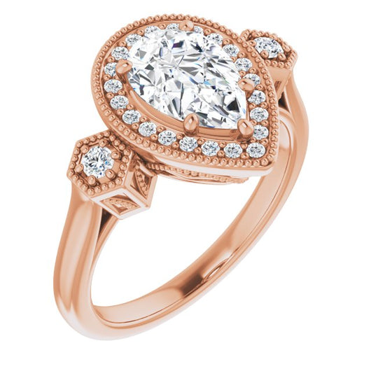 10K Rose Gold Customizable Cathedral Pear Cut Design with Halo and Delicate Milgrain