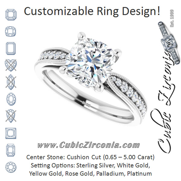 Cubic Zirconia Engagement Ring- The Carli Love (Customizable Cushion Cut Style featuring Milgrained Shared Prong Band & Dual Peekaboos)