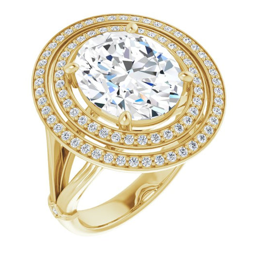 10K Yellow Gold Customizable Cathedral-set Oval Cut Design with Double Halo, Wide Split Band and Side Knuckle Accents