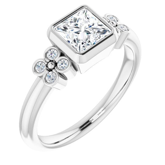 10K White Gold Customizable 9-stone Bezel-set Princess/Square Cut Design with Quad Round Bezel Side Stones Each Side