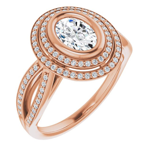 10K Rose Gold Customizable Bezel-set Oval Cut Style with Double Halo and Split Shared Prong Band