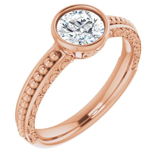 10K Rose Gold Customizable Bezel-set Round Cut Solitaire with Beaded and Carved Three-sided Band