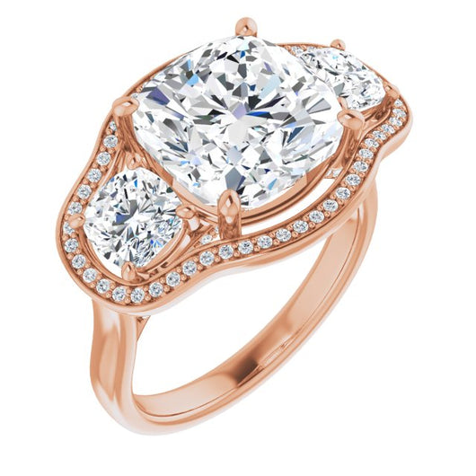 10K Rose Gold Customizable 3-stone Design with Cushion Cut Center, Cushion Side Stones, Triple Halo and Bridge Under-halo