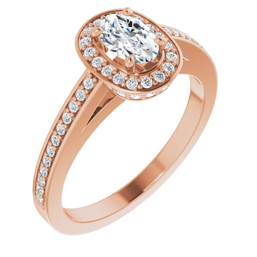 10K Rose Gold Customizable Cathedral-set Oval Cut Design with Halo, Thin Pavé Band & Round-Bezel Peekaboos