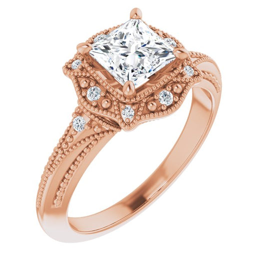 10K Rose Gold Customizable Vintage Princess/Square Cut Design with Beaded Milgrain and Starburst Semi-Halo