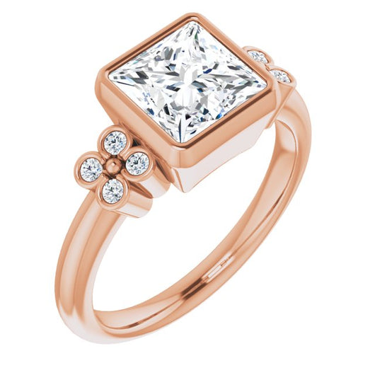 10K Rose Gold Customizable 9-stone Bezel-set Princess/Square Cut Design with Quad Round Bezel Side Stones Each Side